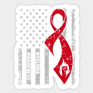 Myeloma Awareness 4th Of July American Flag Burgundy Ribbon In This Family No One Fights Alone Sticker